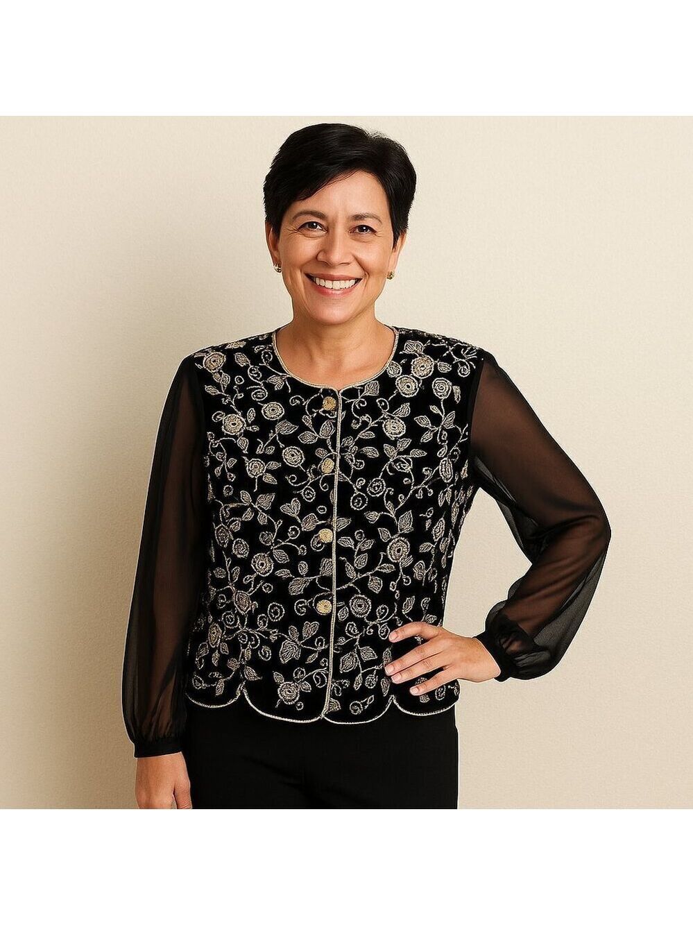 Black and Gold Embroidered Top Sheer Sleeves